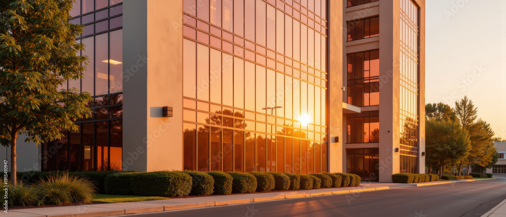 Fototapeta premium Modern office building exterior, glass facade, sunset reflection, urban street, green landscaping, peaceful atmosphere, contemporary architecture