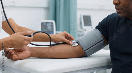 Female healthcare worker taking blood pressure on an adult male patient in a medical clinic, close-up with cropped faces