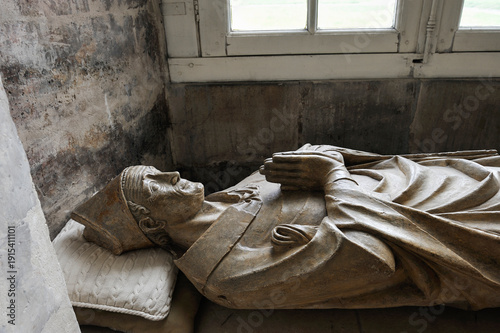 Recumbent effigy of Geoffroy Fae (XIVe) inside of the church Benedictine Abbey of Our Lady of Bec, Bec-Hellouin, labelled Les Plus Beaux Villages de France, France