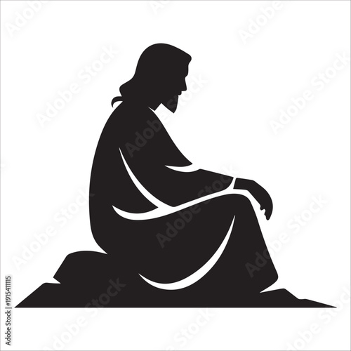 Religious Faith Minimalist Stencil Art: Icon of Jesus sitting in a humble pose, high-contrast black vector illustration.