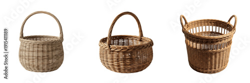 Empty Wicker Baskets Set, Realistic Natural Wood Weave Trays for Storage and Picnic Isolated on Transparent PNG
