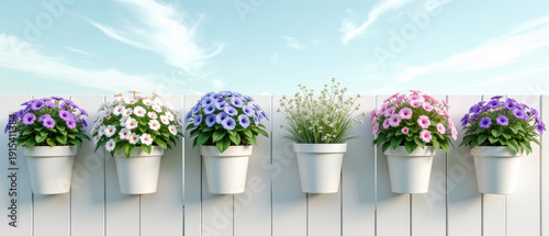 Colorful flower pot white fence blue sky blooming petunia garden outdoor spring summer decorative peaceful