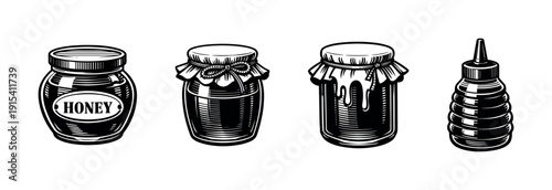 Honey jars collection. flat vector icons set. sweet containers silhouettes for label design