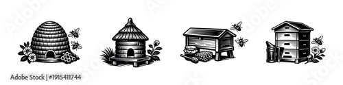 Beehive icons set: flat vector icons of beekeeping structures and honey harvest