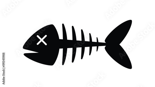 Simple black silhouette of fish skeleton with cross for eye representing death or pollution on clean white background.