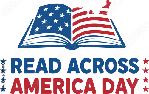 Read across america day logo with open book featuring us map outline and american flag design