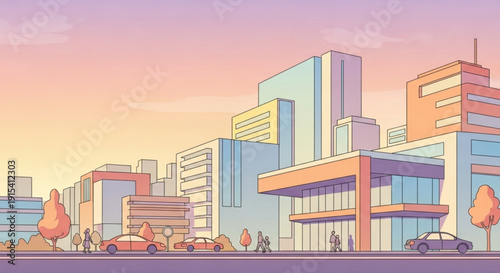 Modern cityscape with colorful buildings and busy street