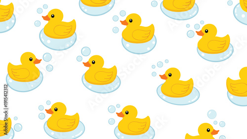Cheerful pattern of yellow rubber ducks floating on small blue water bubbles scattered across clean white background.