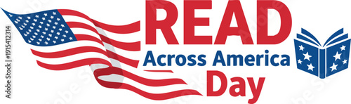 Read across america day graphic with waving american flag and open book icon