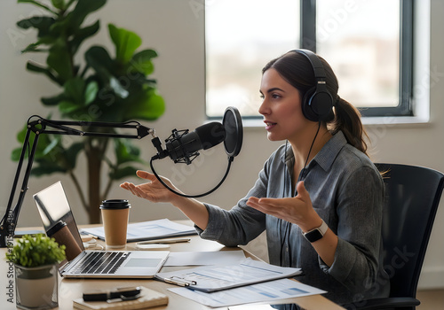 A woman sitting at a desk with a microphone and laptop