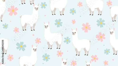 Cute pattern featuring white llamas or alpacas and pink and blue flowers scattered on light blue background for children.