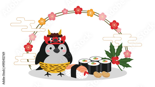 Cute penguin wearing demon mask and tiger stripe wrap surrounded by sushi, beans, and festive floral decorations for setsubun.