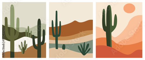 Set of three minimalist desert posters. Abstract boho illustration of cactus, sand dunes, and sun in earthy tones.