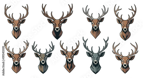 Collection of deer head illustrations in various brown and gray shades on white background