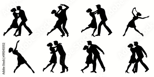 Obraz na płótnie Silhouettes of couples dancing in various styles and poses
