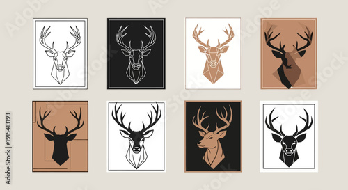 Collection of deer head illustrations in various colors and backgrounds