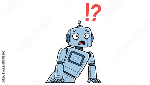 Confused blue cartoon robot with an exclamation and question mark above its head expressing surprise or uncertainty.