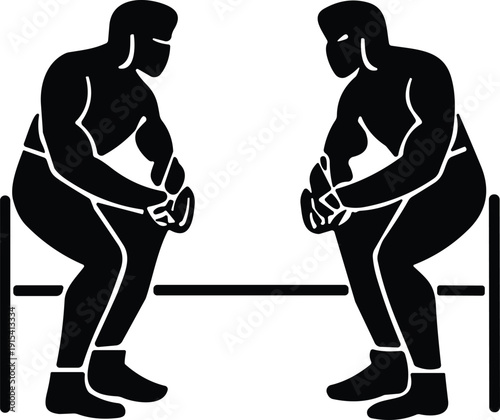 Two men in squatting position facing each other black and white silhouette