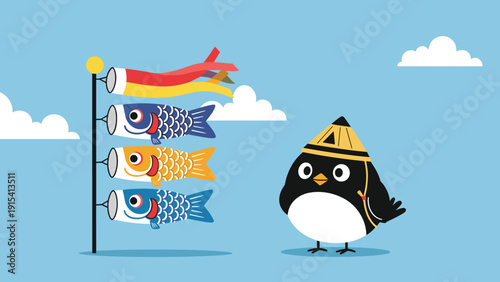Adorable bird in a traditional samurai helmet watching colorful carp streamers on a pole under a clear blue sky.
