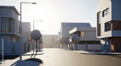 Modern suburban street with sleek homes and trees