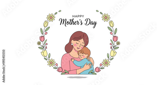 A mother in a pink top gently embraces her child inside a colorful flower wreath celebrating Happy Mother's Day.