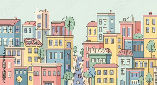 Vibrant cityscape with colorful buildings and busy street