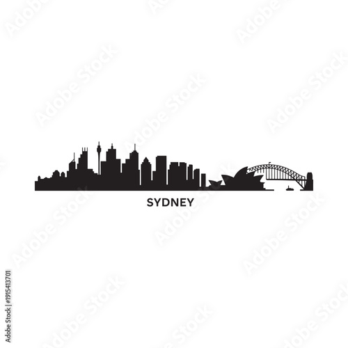 A striking black silhouette of the sydney skyline featuring iconic landmarks