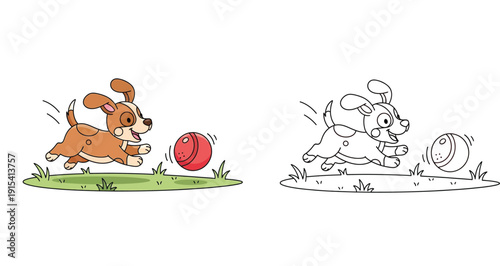 Cute cartoon puppy dog running and playing with a red ball on grass. Vector illustration with black and white outline version for coloring book or page.