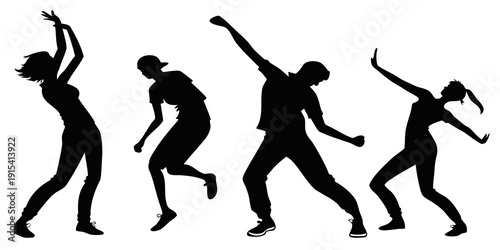 Silhouettes of dancers performing a variety of movements in a sequence. Vector