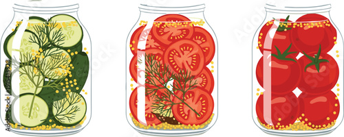 Pickled Vegetables Glass Jar Vector Illustration Set with Cucumbers and Tomatoes Preserved in Brine for Homemade Food Storage Concept