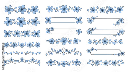 Collection of elegant blue floral dividers and decorative frames featuring dainty flowers and leafy branches decoration.