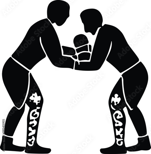 Two wrestlers in silhouette grappling black white background