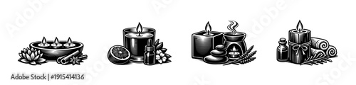 Spa candle icons set. flat vector icons for relaxation and wellness. aromatherapy elements.