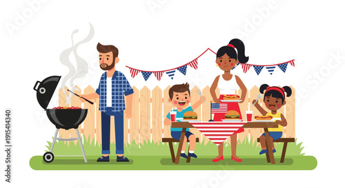 Diverse family celebrating a summer barbecue in the backyard, with father grilling and mother serving food to the happy children.