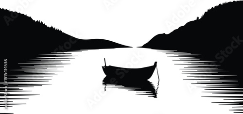 Minimalist black lake with a small boat silhouette vector icon