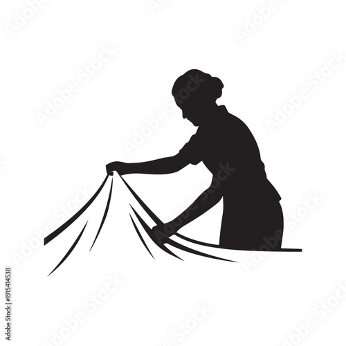 Woman pulling a sheet in silhouette, representing cleaning or hotel services