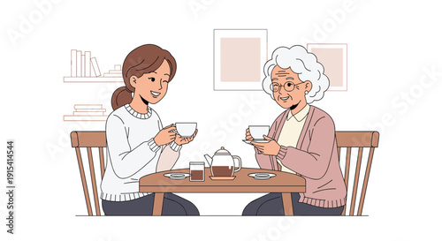 Young woman and elderly woman sitting at a table, smiling and enjoying a conversation over hot cups of tea.