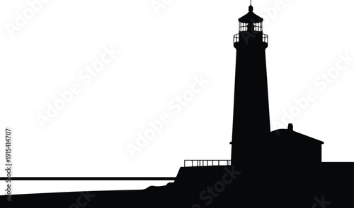 Minimalist black lighthouse on a shore silhouette vector icon