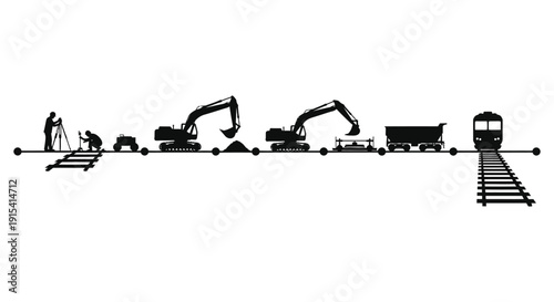 A stark black outline displays a train construction machinery and workers along railway tracks a dramatic silhouette