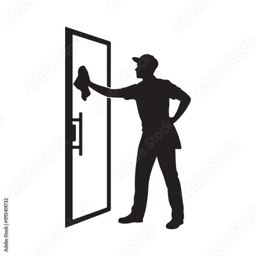 Man wiping a glass door with a cloth, silhouette for cleaning service concept
