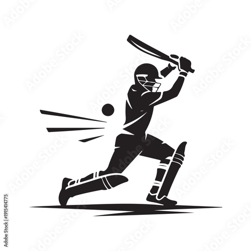 Silhouette of a cricketer hitting a ball, dynamic action shot, sports illustration