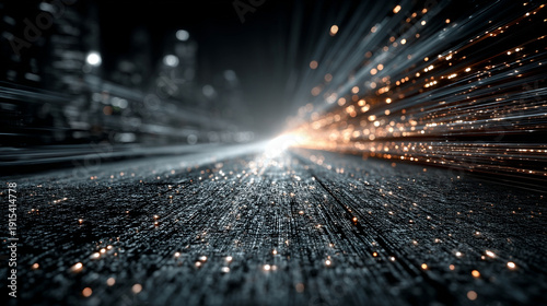 Digital data stream flowing in perspective with glowing particles and light streaks creating futuristic and dynamic technology background