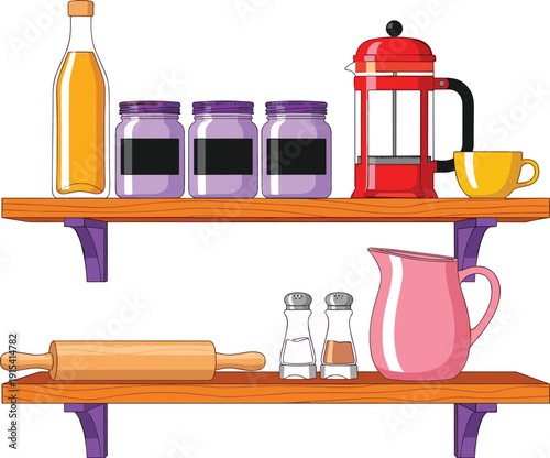 Kitchen Shelf Vector Illustration with Coffee Press, Jars, Rolling Pin, Pitcher and Cooking Accessories in Cozy Home Interior Style