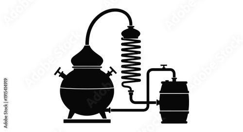 A detailed black silhouette depicts an antique alembic still used for distillation processes highlighting traditional craftsmanship silhouette