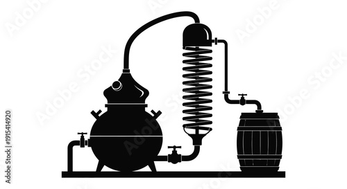 A detailed black silhouette depicts an alembic still connected to a barrel representing distillation processes silhouette high quality