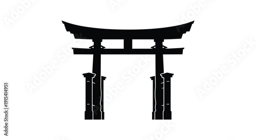 A striking black torii gate stands prominently against a white background showcasing traditional japanese architecture silhouette high quality