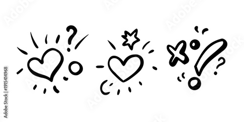 Illustration of three hearts with question marks and exclamation points Vector
