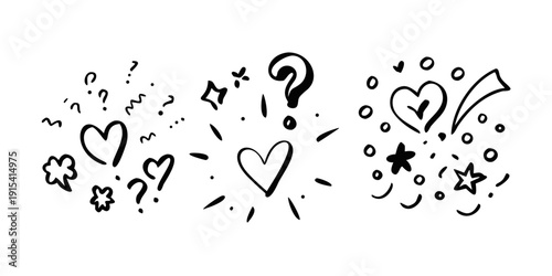 A whimsical illustration featuring hearts, question marks, and stars. Vector