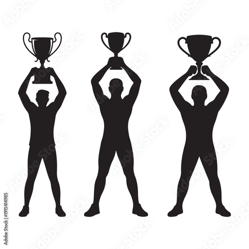 Three silhouettes of men holding up trophies, celebrating victory