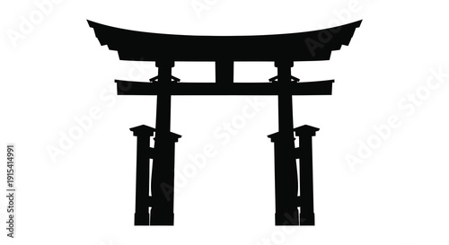 A striking black silhouette of a traditional japanese torii gate stands prominently against a white background silhouette